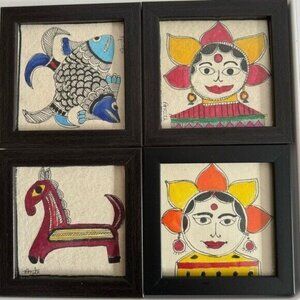 Panita Set of 4 Madhubani Drawings Framed Folk Art of India